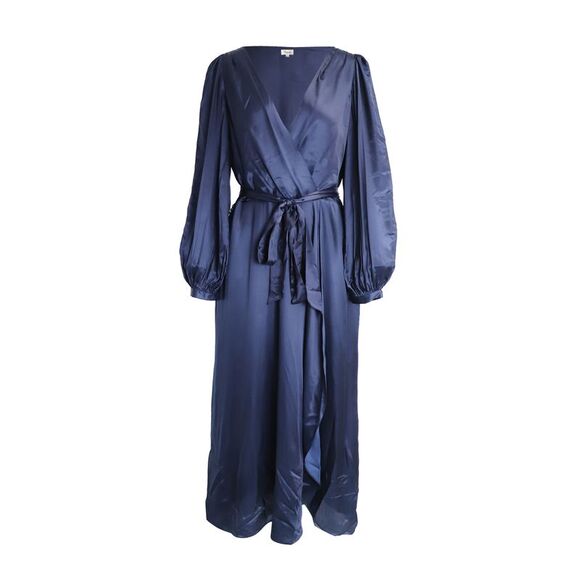 Temperley London Belted Maxi Wrap Dress in Navy Blue Viscose and Silk